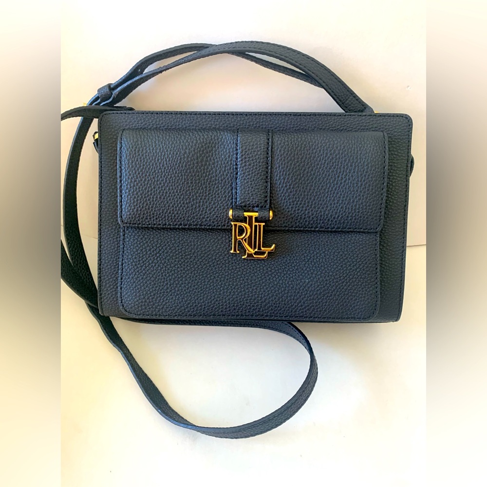 Ralph Lauren Black Pebbled Leather Crossbody with Gold RL Hardware